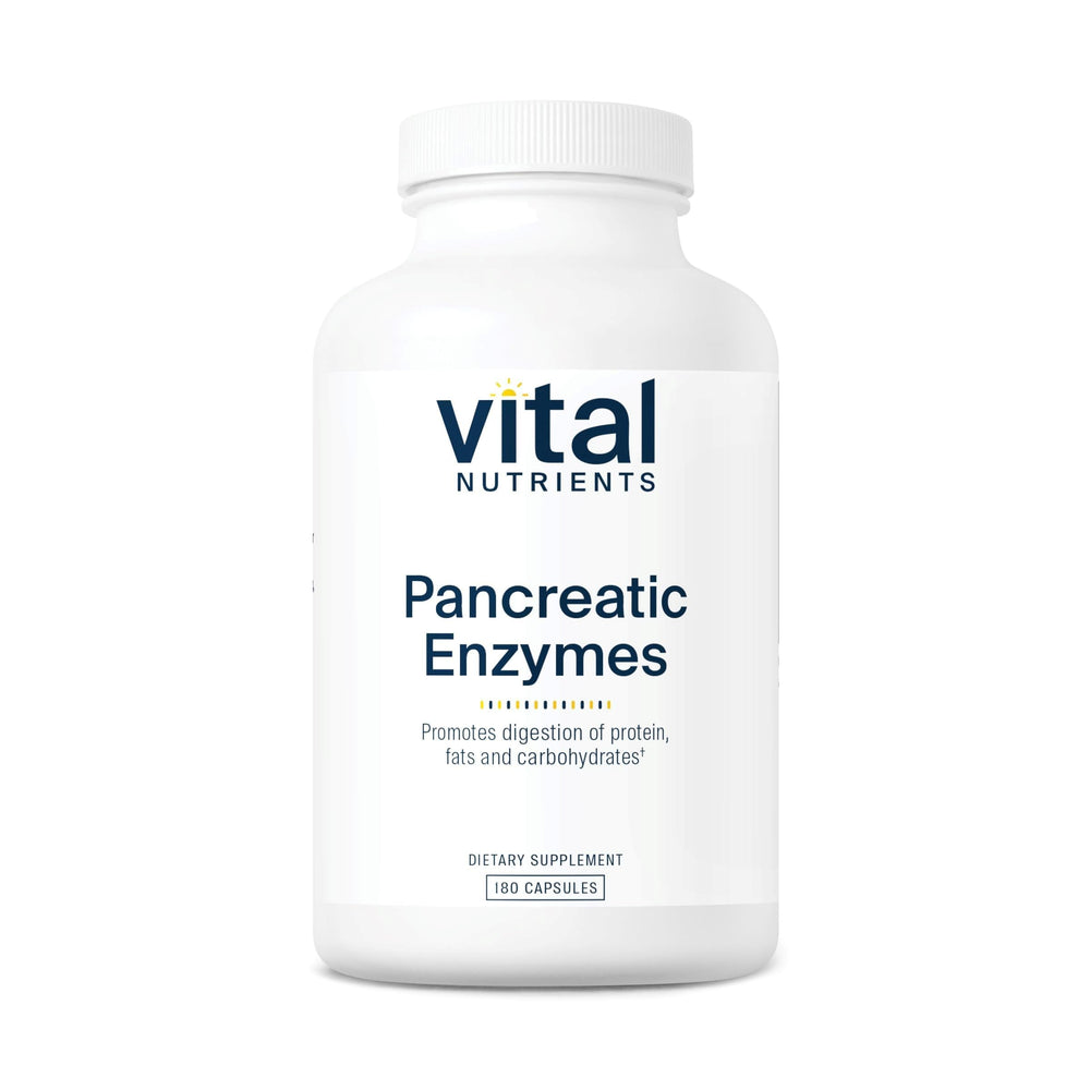 Vital Nutrients Pancreatic Enzymes bottle front view supporting daily digestion.