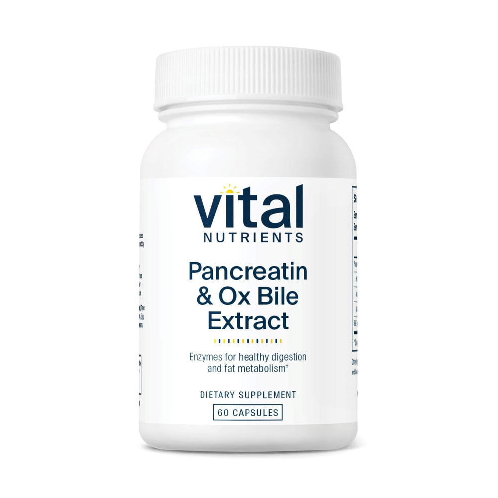 Front view of Vital Nutrients Pancreatin & Ox Bile Extract 500mg bottle, 60 capsules