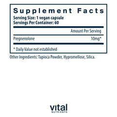 Close-up of Pregnenolone 10 mg on the bottle label