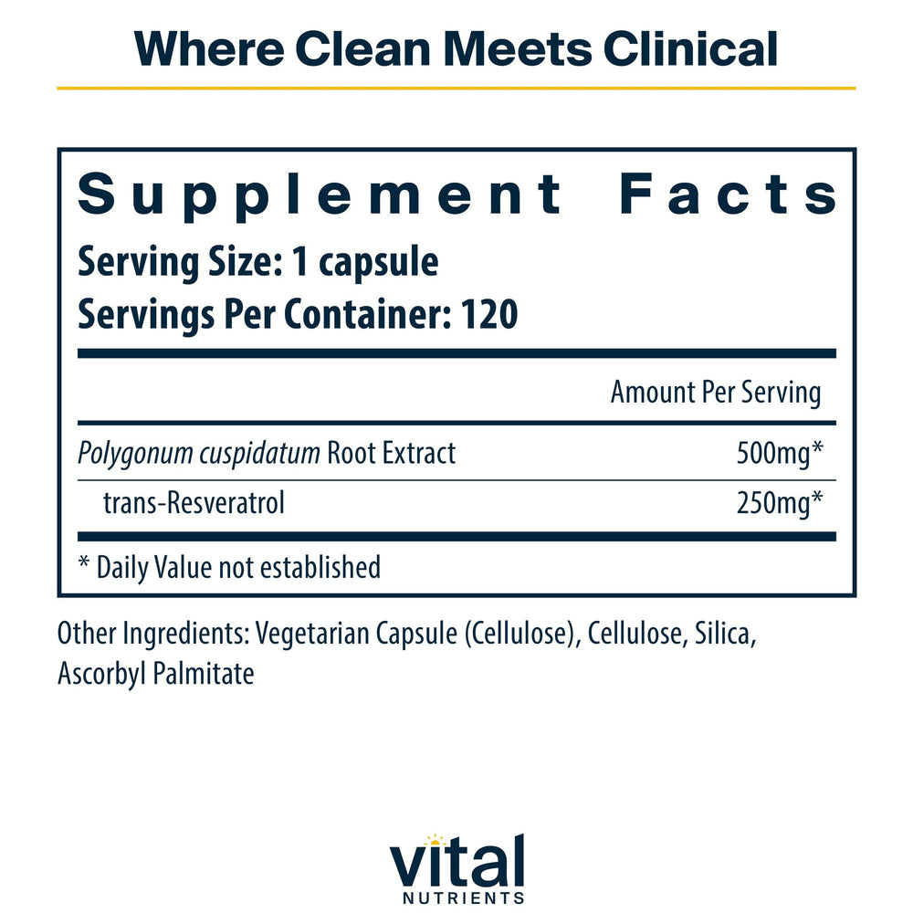 Vital Nutrients Resveratrol label closeup showing 250 mg trans-resveratrol for antioxidant support.