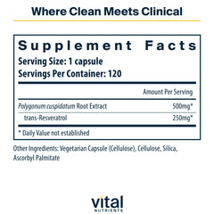 Vital Nutrients Resveratrol label closeup showing 250 mg trans-resveratrol for antioxidant support.