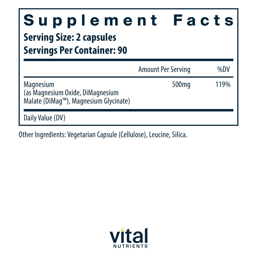 Vital Nutrients Triple Magnesium Complex back panel highlights 180 capsules and 250 mg per form.