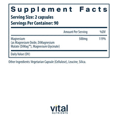 Vital Nutrients Triple Magnesium Complex back panel highlights 180 capsules and 250 mg per form.