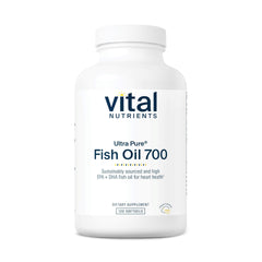 Vital Nutrients Ultra Pure Fish Oil 700 bottle shows premium omega-3 supplement with lemon zest flavor.