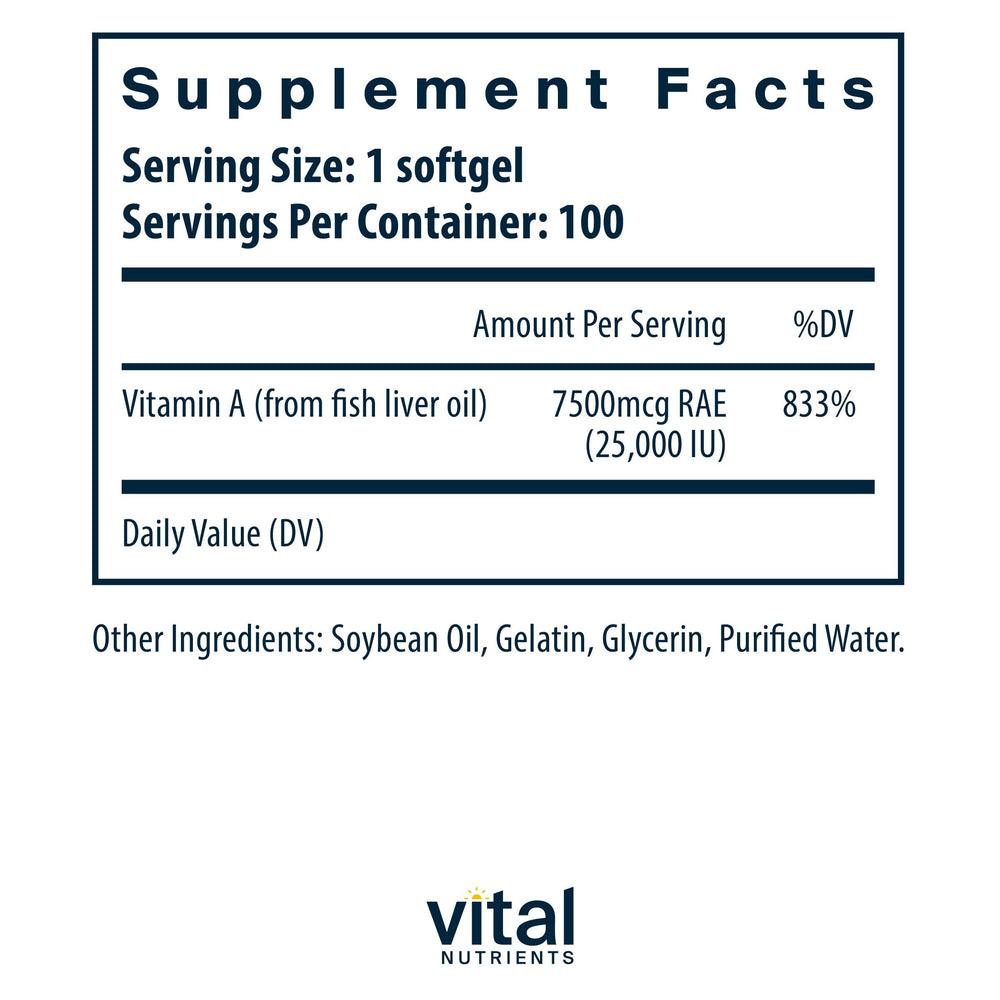 Vitamin A bottle label showing 7500mcg retinol per capsule