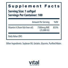 Vitamin A bottle label showing 7500mcg retinol per capsule