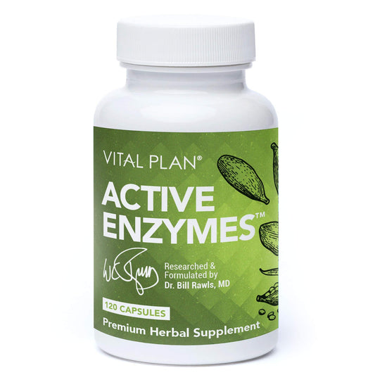 Vital Plan Active Enzymes bottle with Dr. Bill Rawls label