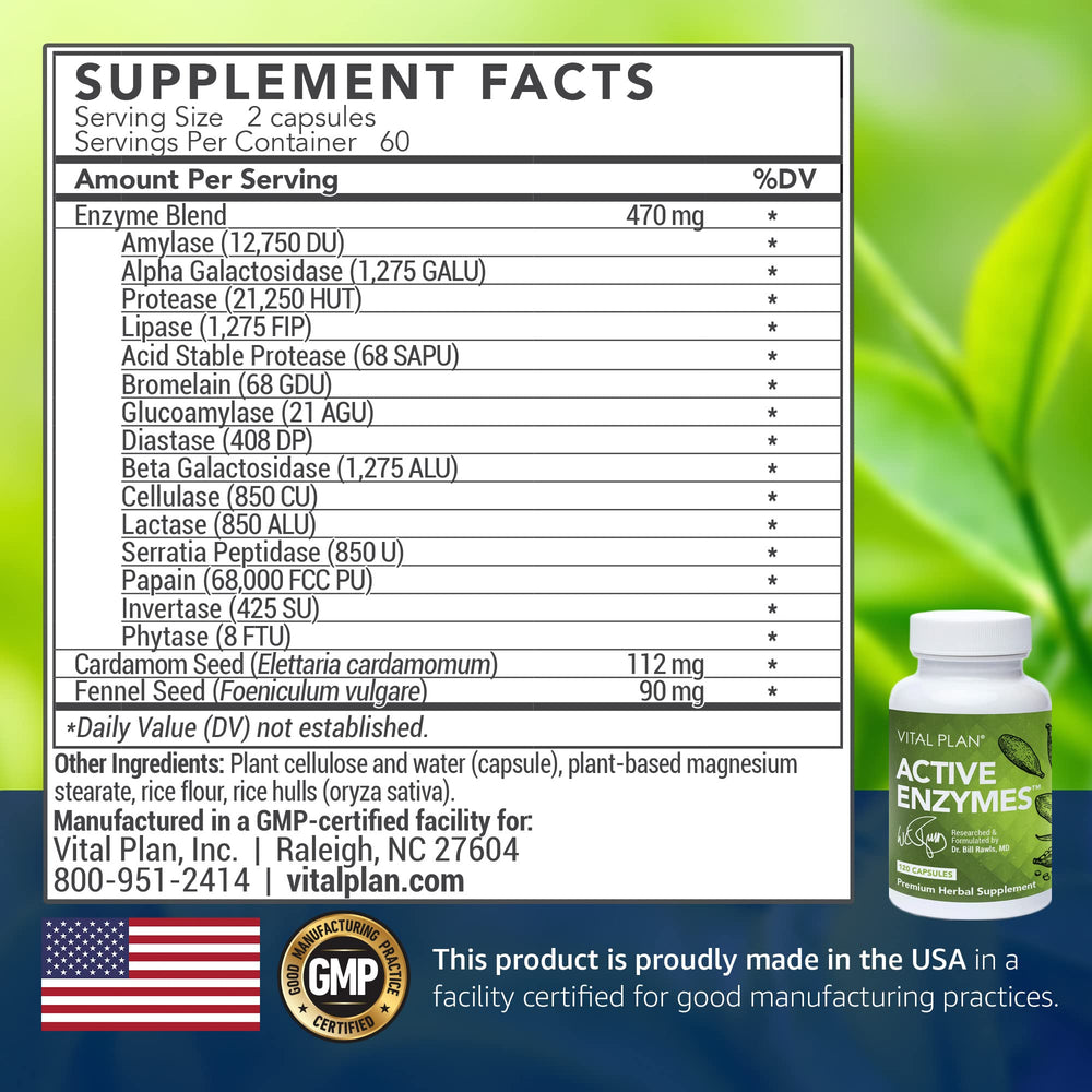 Close-up of Vital Plan Active Enzymes bottle showing 120 capsules