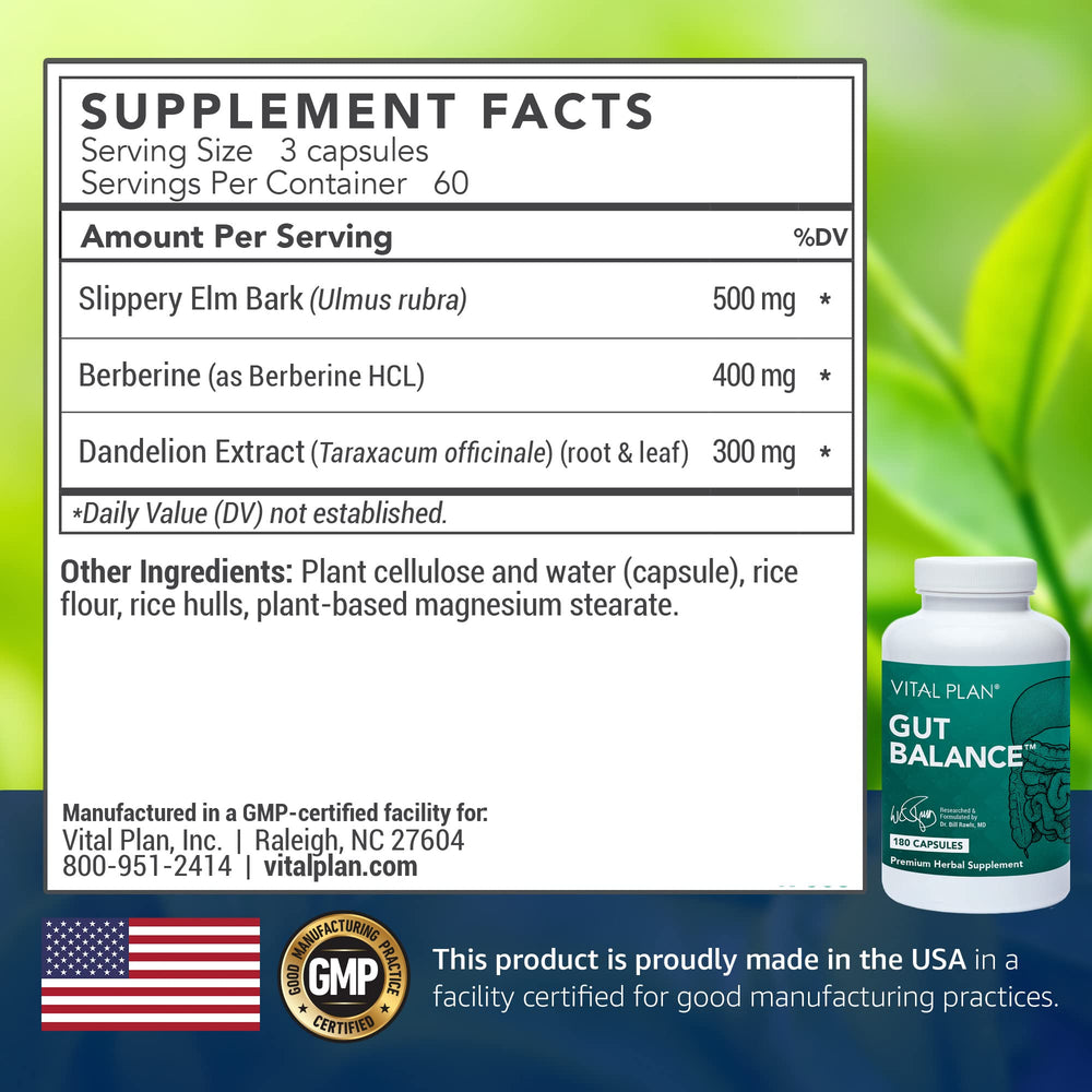 Close-up of Vital Plan Gut Balance 180-capsule bottle