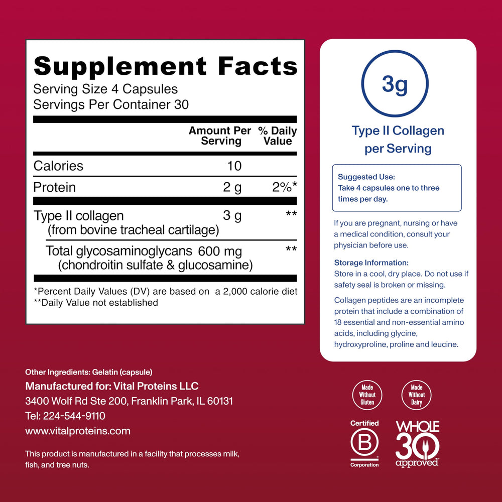 Vital Proteins Cartilage Capsules daily dose close-up showing a four-capsule serving.