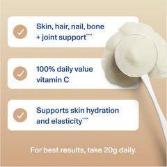 Close-up of vanilla collagen peptides powder in a bottle