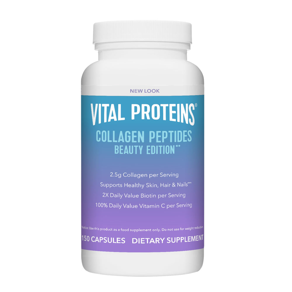 Bottle of Vital Proteins Collagen Peptides Beauty Edition Capsules front label visible