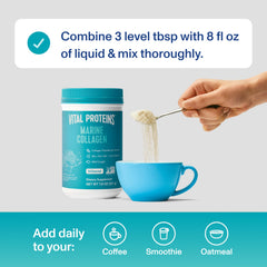 Marine collagen powder being stirred into coffee or smoothie