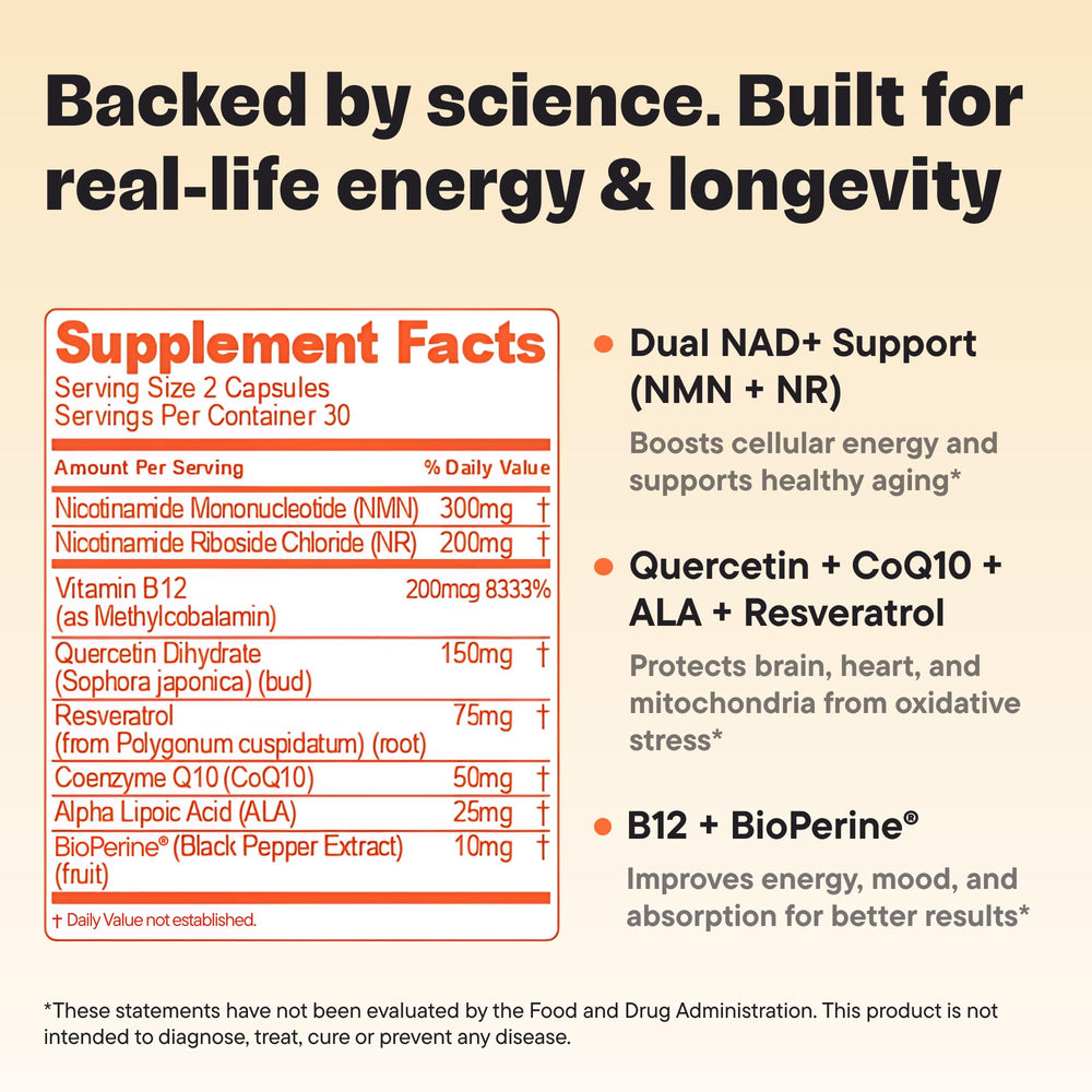 Close-up of NMN and NR ingredients label