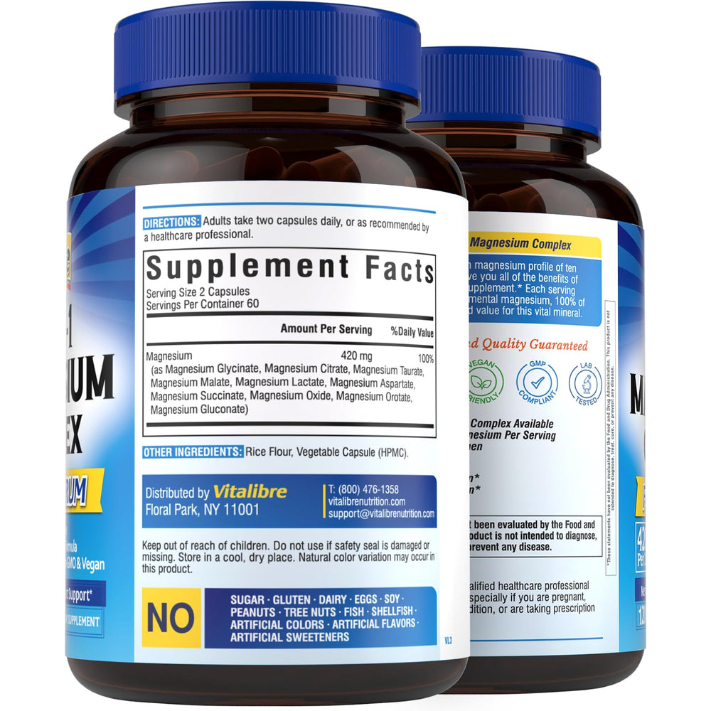 Non-GMO, vegan magnesium supplement label with allergen information