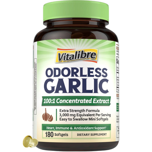 Vitalibre Odorless Garlic bottle with 180 softgels label