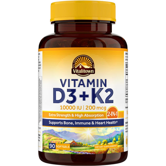 Vitalitown D3 K2 softgels bottle labeled 10000 IU D3 and 200 mcg MK-7