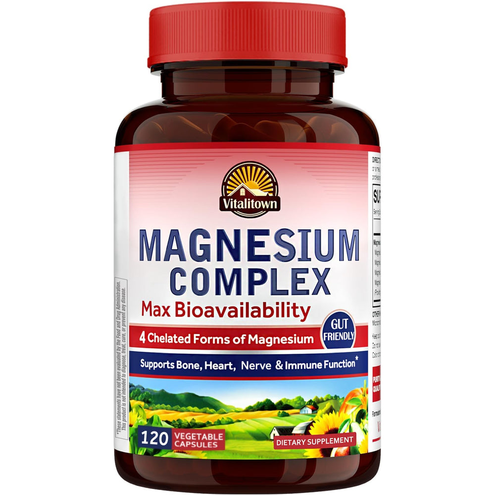 Vitalitown Magnesium Complex bottle front label showing 500mg and four chelated forms