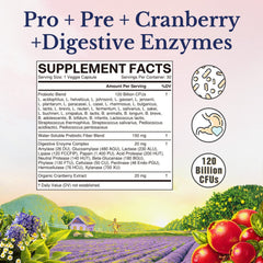 Close-up of probiotic capsules showing 120B CFUs and 30 strains