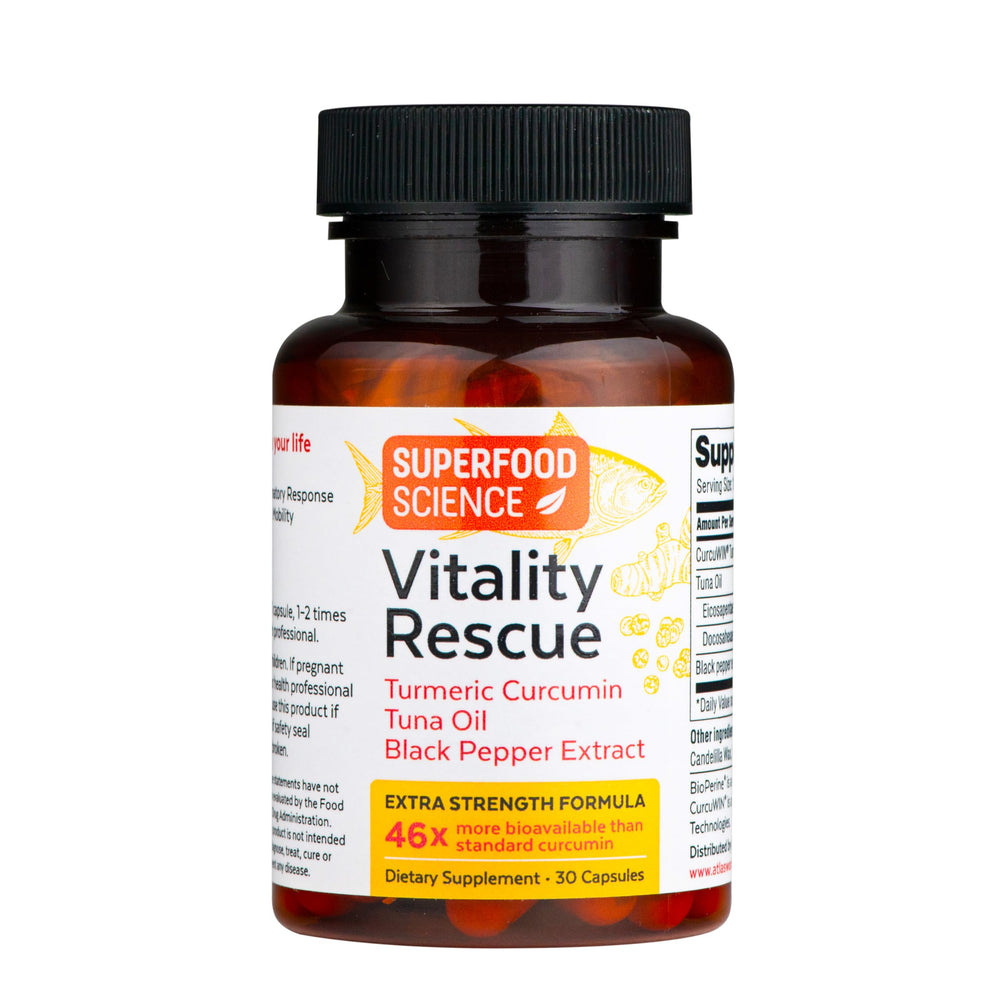 Supplement facts panel for Vitality Rescue omega-3 turmeric.