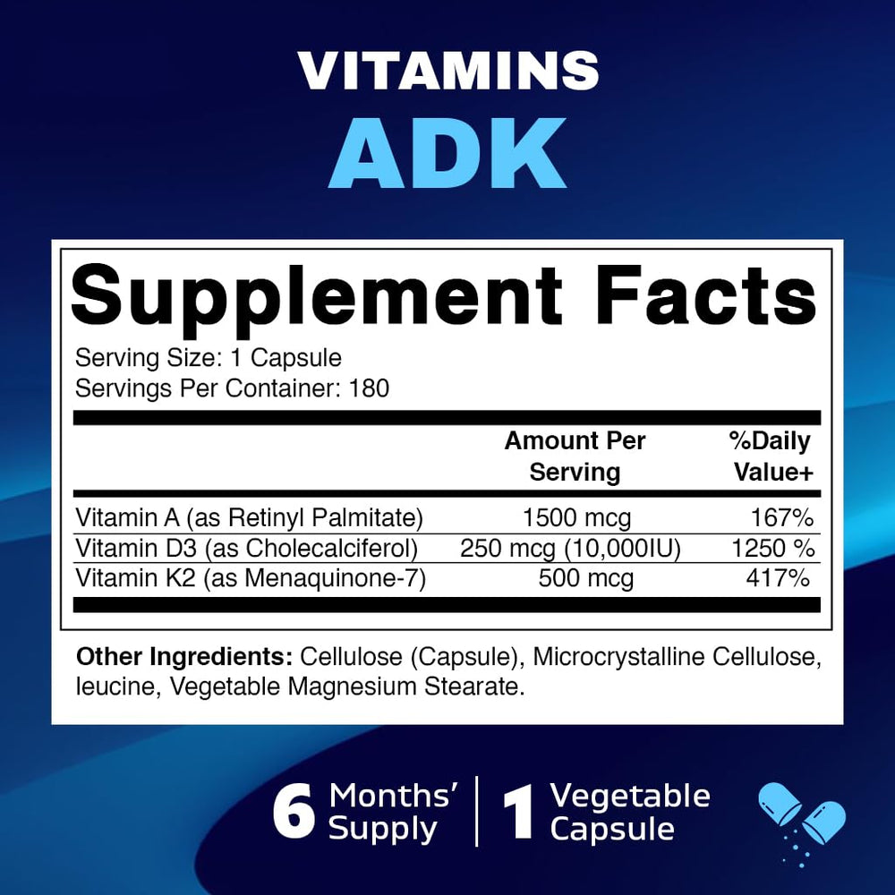 Vitamatic ADK bottle side label with product details