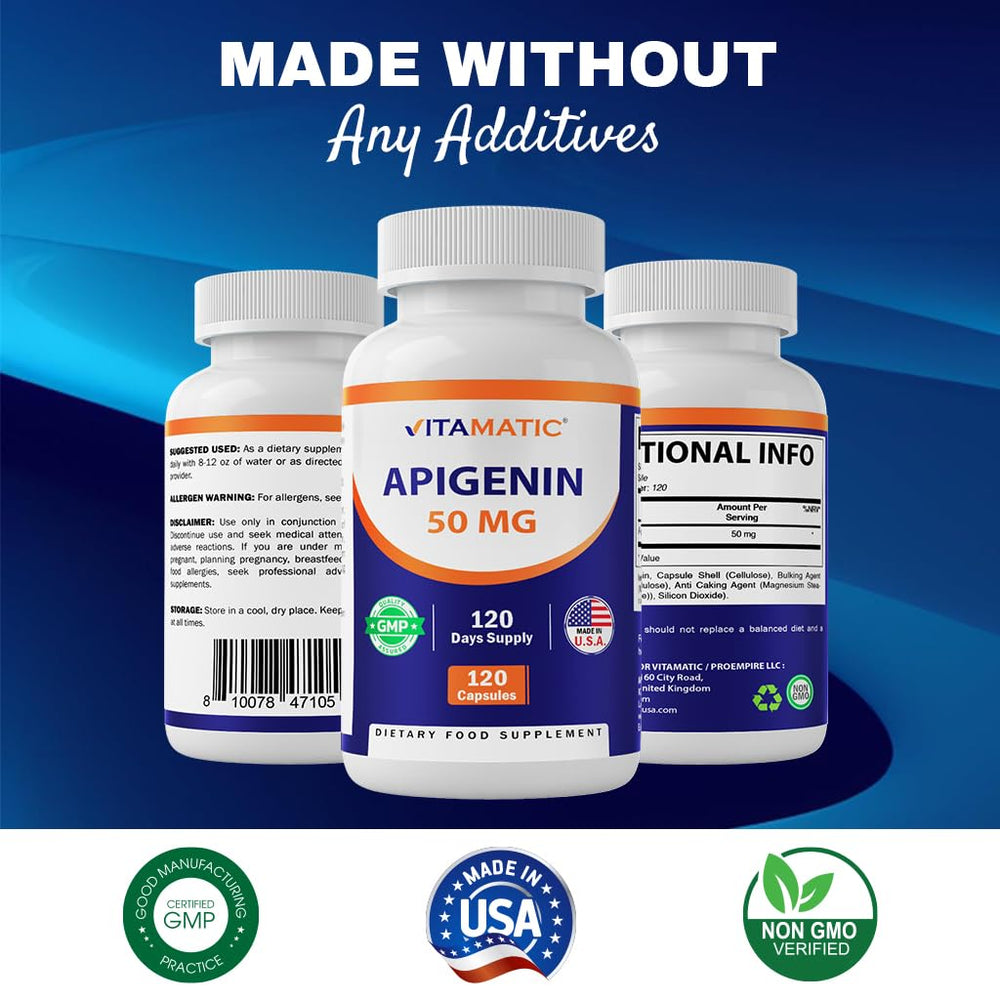 Close-up of Vitamatic Apigenin 50mg label on bottle