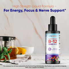 Front view of Vitamatic B12 liquid bottle with packaging
