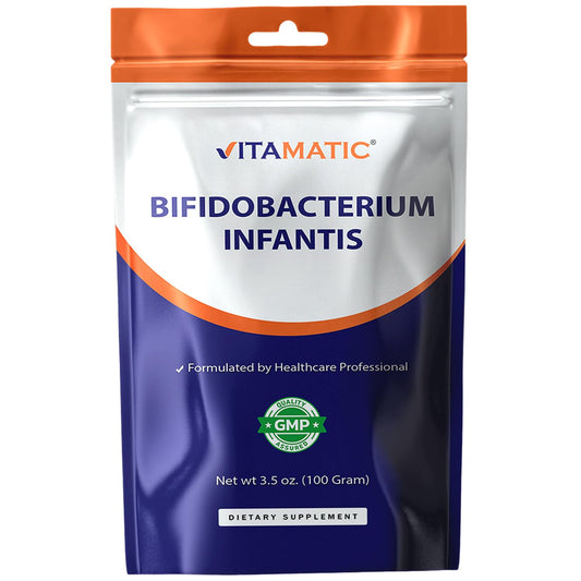 Vitamatic Bifidobacterium Infantis probiotic powder bottle label close-up