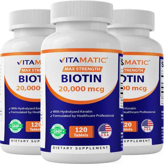 Vitamatic Biotin 20000 mcg with Keratin bottle and 120 vegetarian tablets