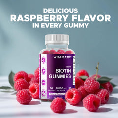Vitamatic Biotin Gummies on a white surface