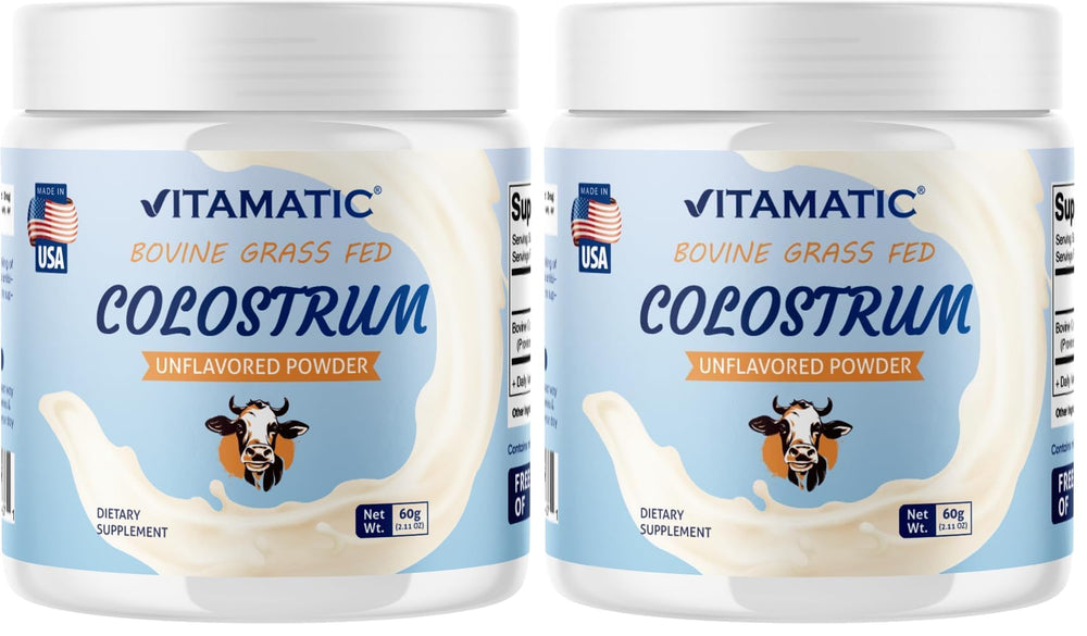Front view of Vitamatic Bovine Colostrum 30% IgG powder in a two-pack