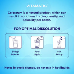 Gluten-free and GMO-free labeling on Vitamatic colostrum powder