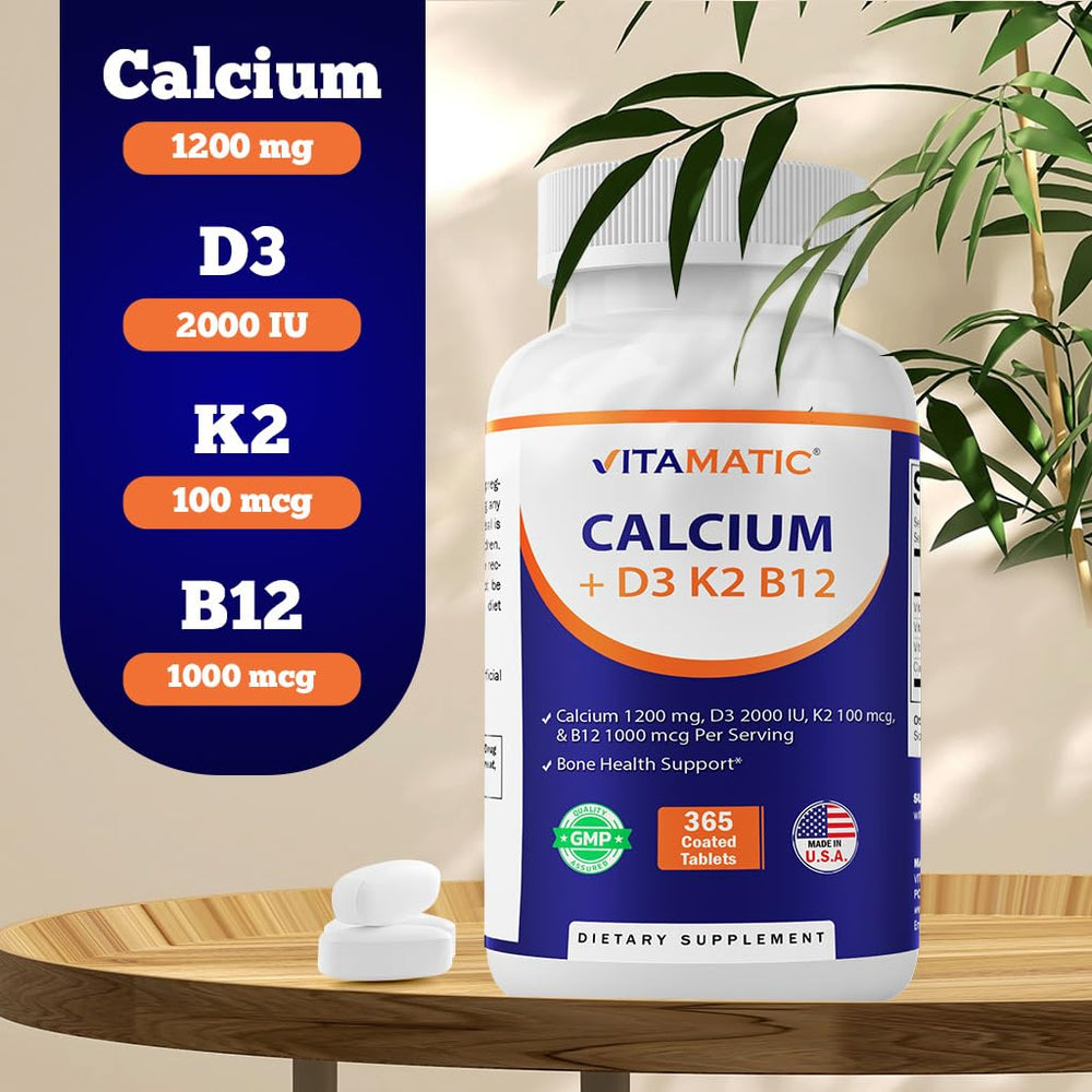 Close-up of label on Vitamatic Calcium 1200mg bottle