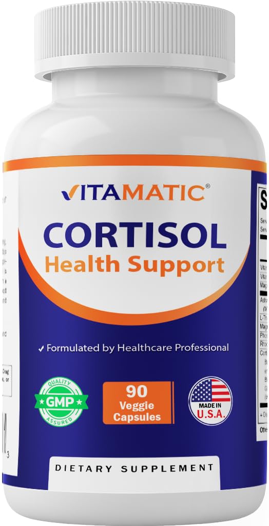 Vitamatic Cortisol Health Support bottle with 90 veggie capsules