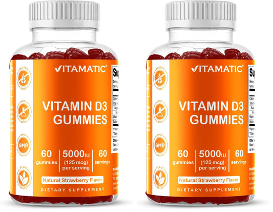 Front view of Vitamatic Vitamin D3 Gummies bottle showing 5000 IU per gummy