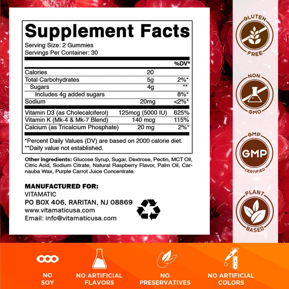 Label showing Vitamin D3 + K2 60 count