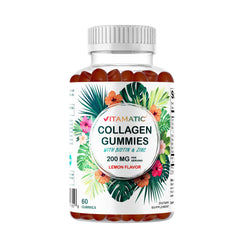 Front view of Vitamatic Hydrolyzed Collagen Gummies bottle with tropical flavor