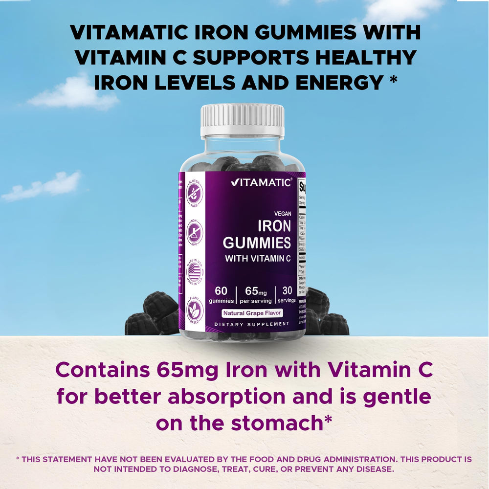 Bottle of Vitamatic Iron Gummies with 60 gummies shown