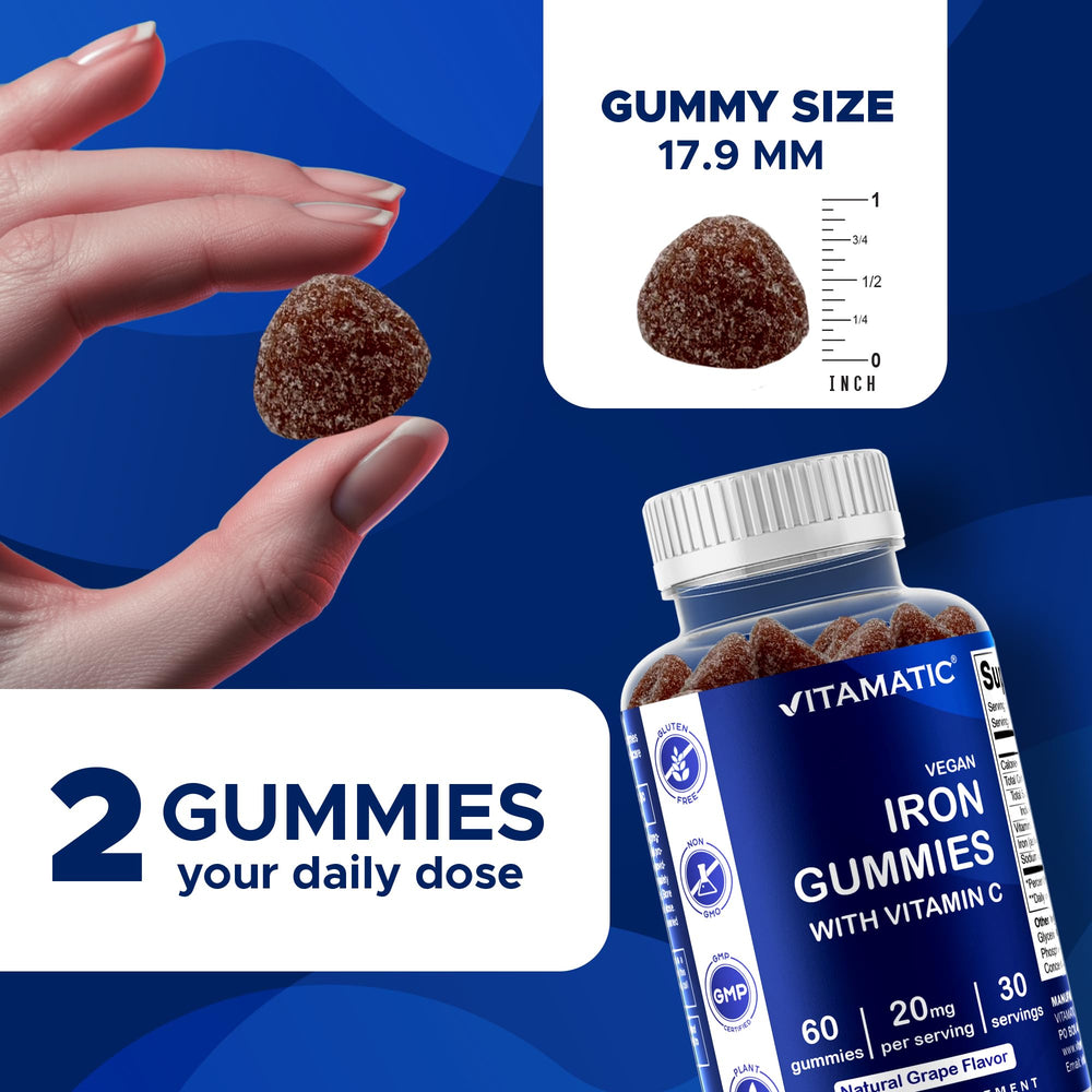 Ingredients and nutrition label for Vitamatic Iron Gummies