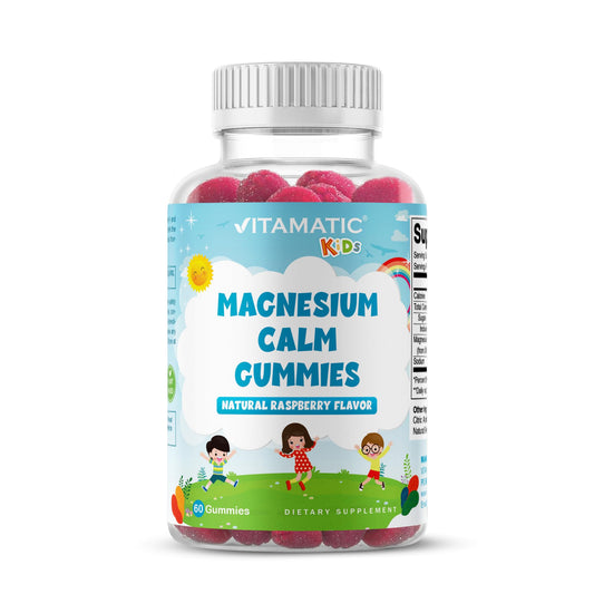 Front view of Vitamatic Kids Magnesium Calm Gummies bottle with raspberry flavor