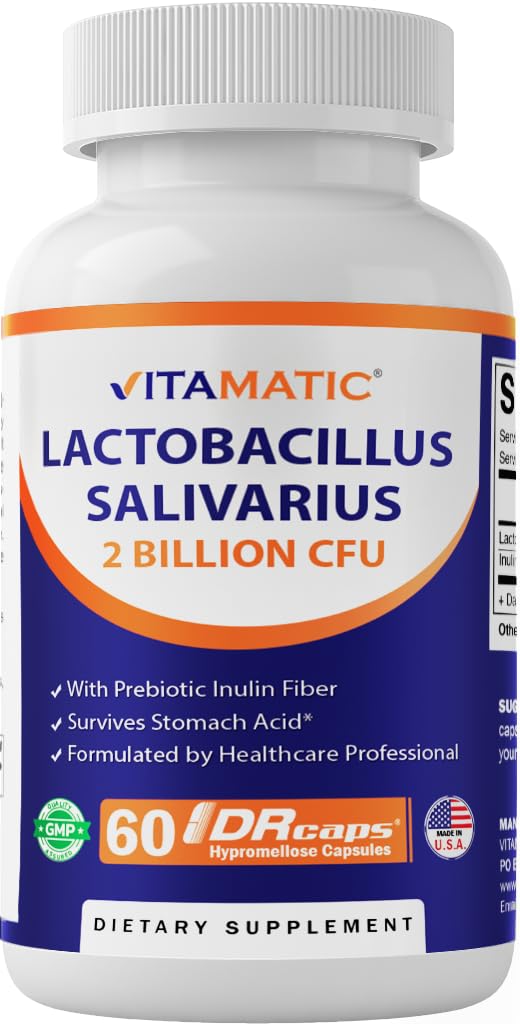 Front view of Vitamatic Lactobacillus Salivarius 2 Billion per DR Capsule bottle