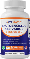 Front view of Vitamatic Lactobacillus Salivarius 2 Billion per DR Capsule bottle