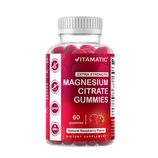 Vitamatic Magnesium Gummies bottle with raspberry flavor label