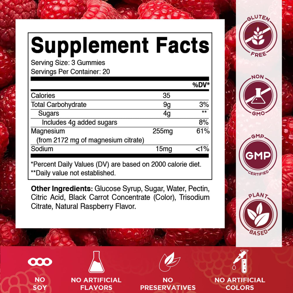 Close-up of raspberry-flavored magnesium gummies