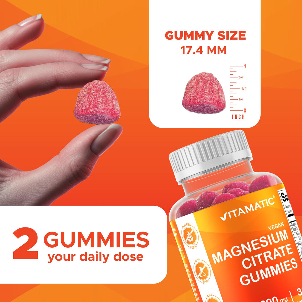 Close-up of raspberry-flavored Vitamatic Magnesium Gummies