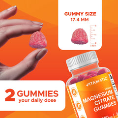 Close-up of raspberry-flavored Vitamatic Magnesium Gummies
