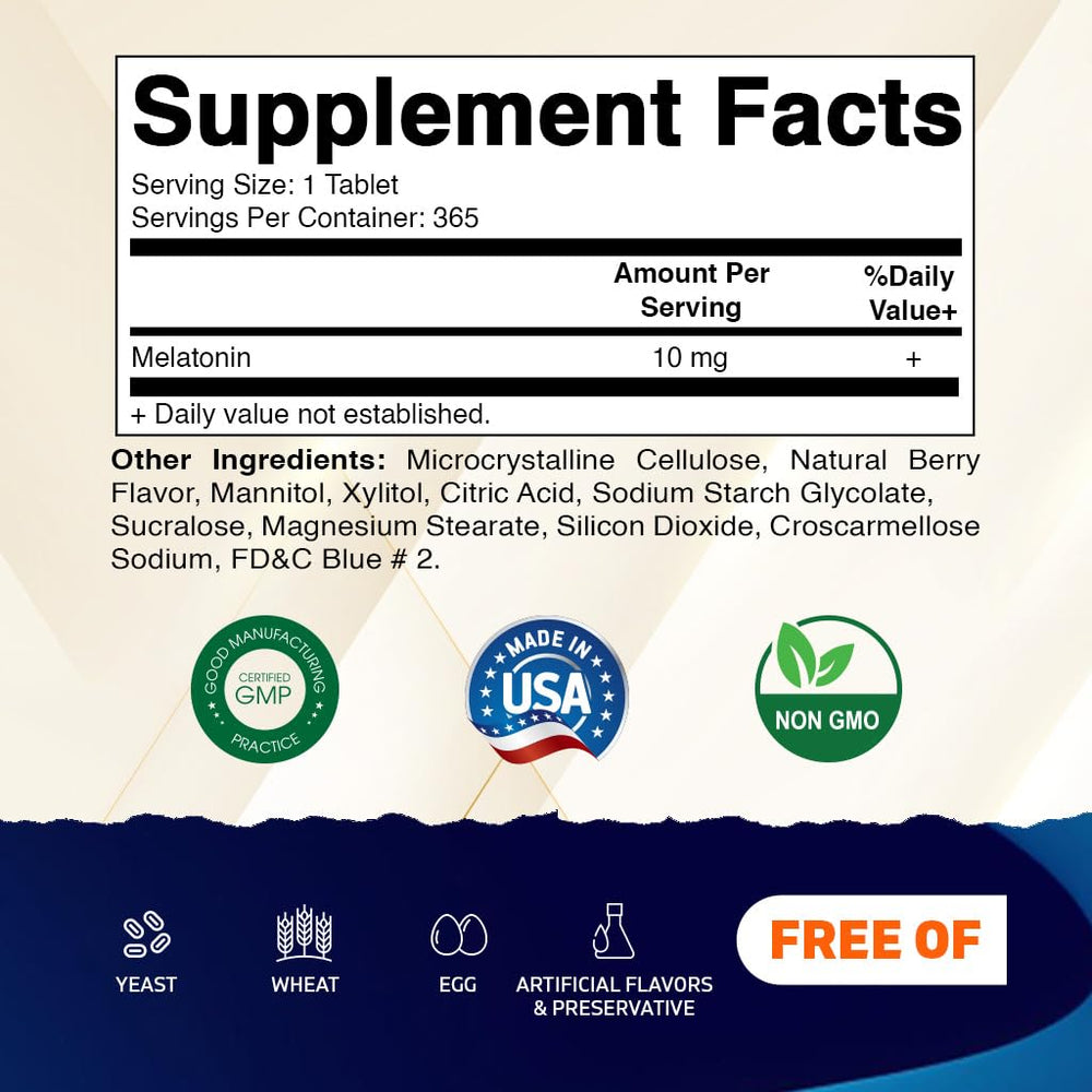Vitamatic Melatonin 10 mg tablets berry flavor back of bottle with dosage info