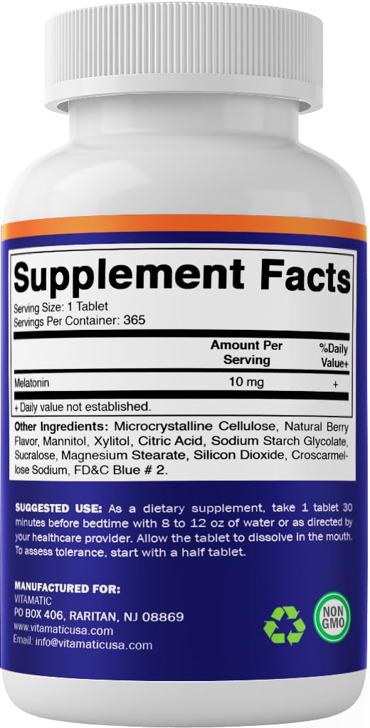 Vitamatic Melatonin 10 mg tablets held in hand with berry flavor