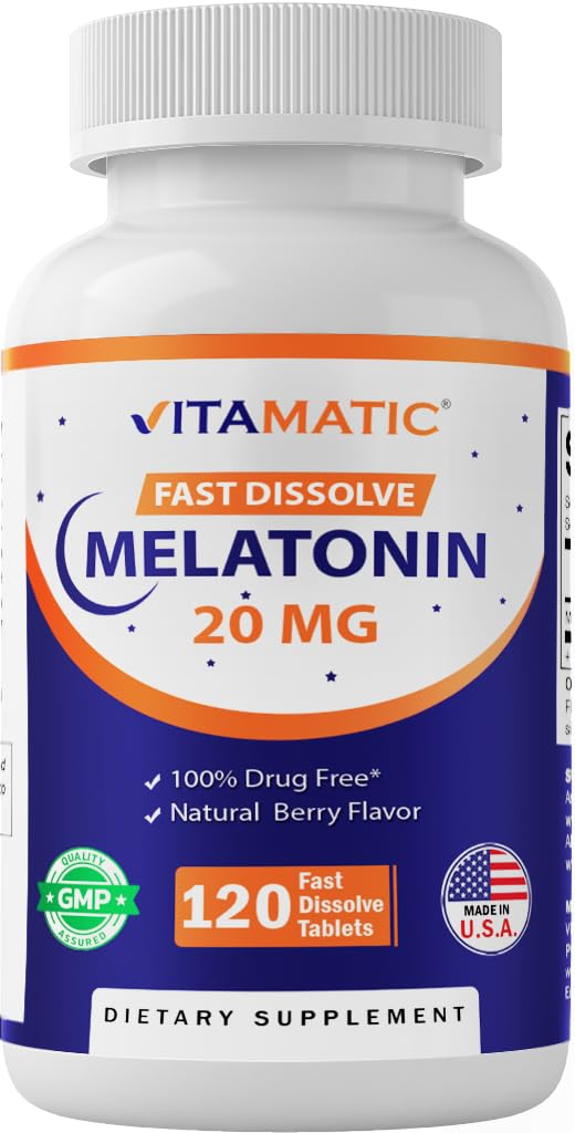 Vitamatic Melatonin 20 mg tablets bottle front with berry flavor