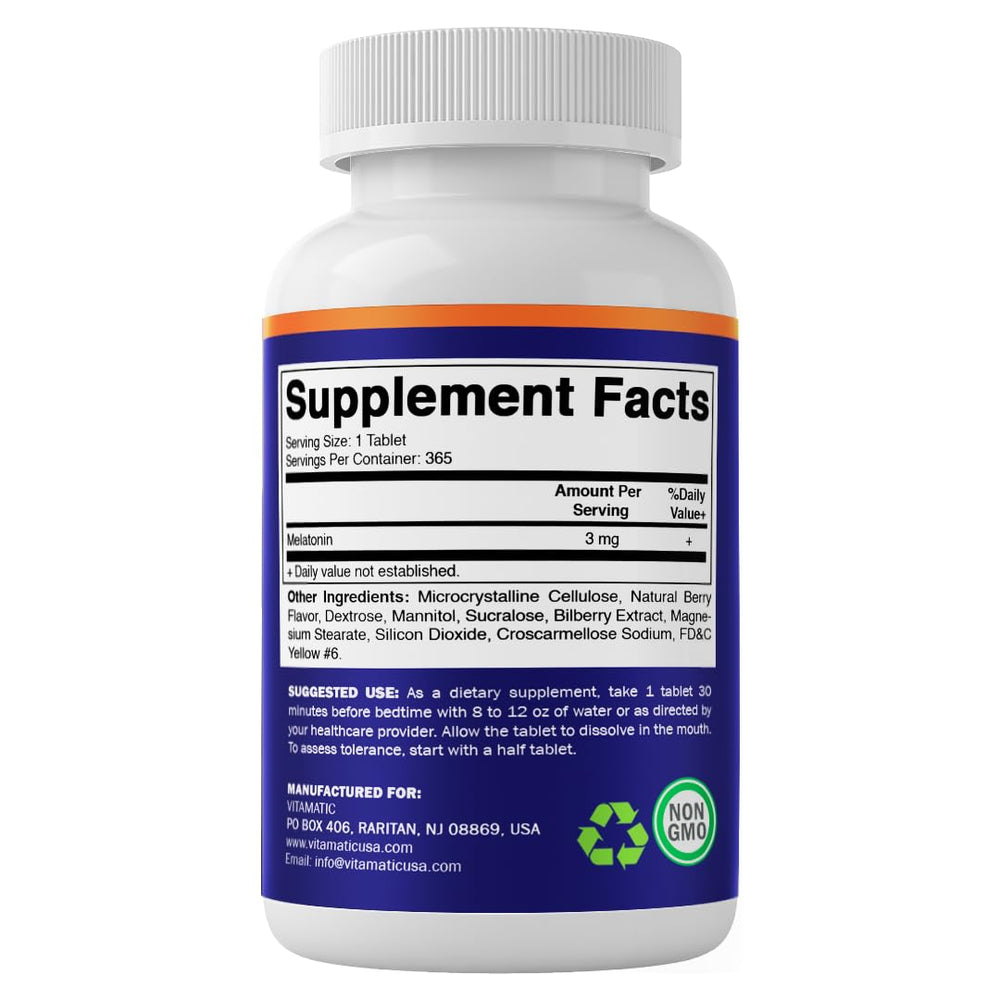 Vitamatic Melatonin 3mg tablets suitable for vegetarians and gluten free